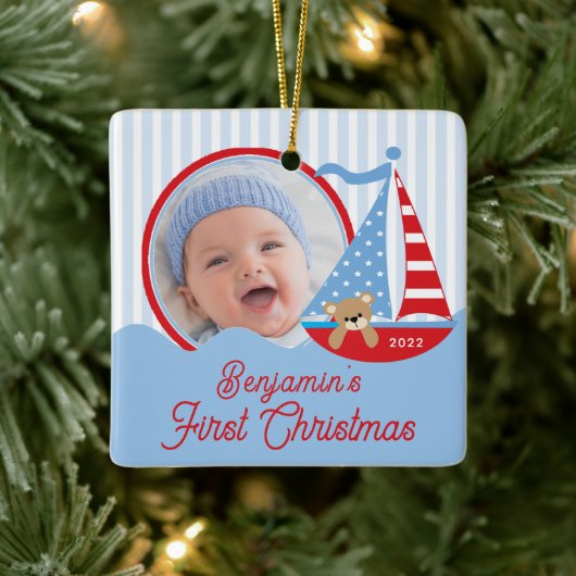 Zeilboot Baby's Eerste Kerstmis Foto Ornament  (Boom)