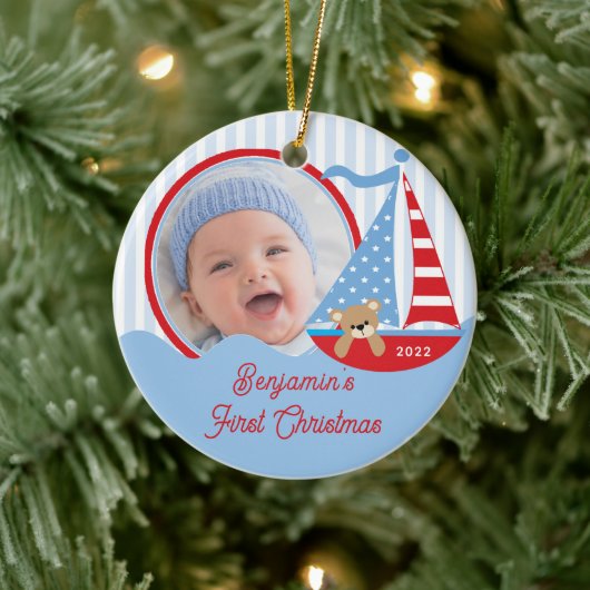 Zeilboot Baby's Eerste Kerstmis Foto Ornament (Boom)