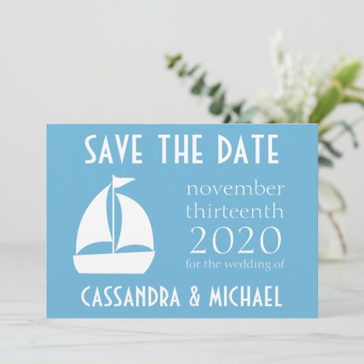 Zeilboot bespaart de datum (Sky Blue) Save The Date (Staand voorkant)