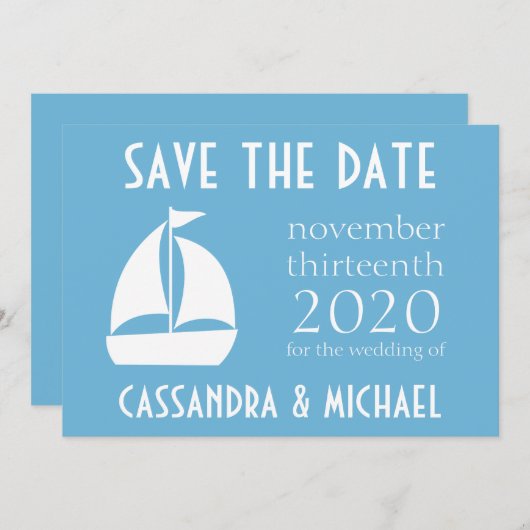 Zeilboot bespaart de datum (Sky Blue) Save The Date (Voorkant / Achterkant)