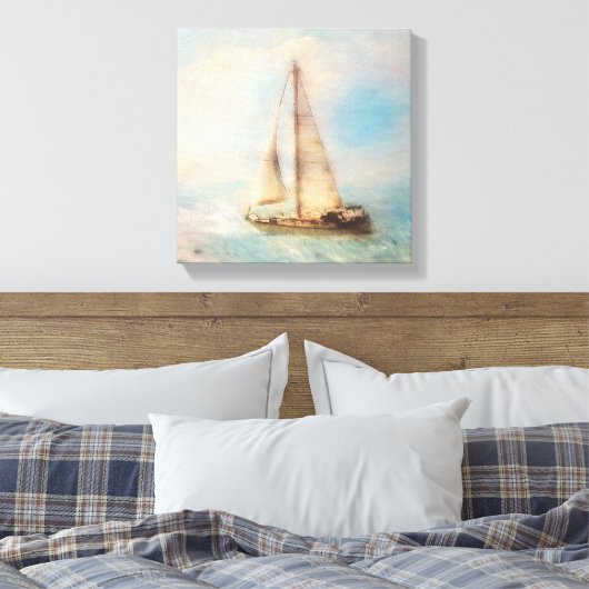 Zeilboot bij de pier | Nautical Beach House Canvas Afdruk (Insitu (Slaapkamer))
