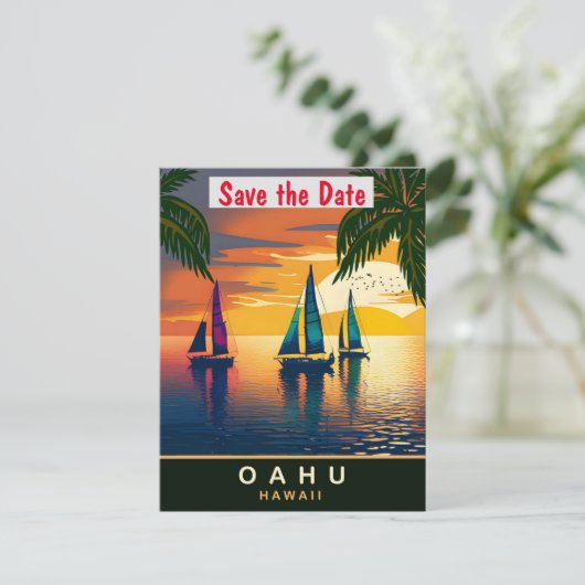 Zeilboot bij Oahu, Hawaï, Reisbriefkaart, Save The Date (Staand voorkant)