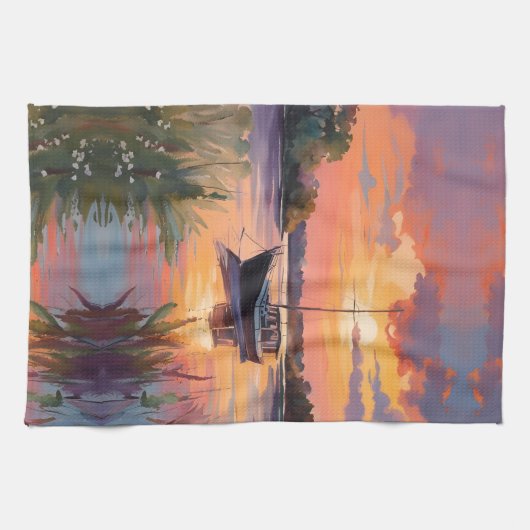 Zeilboot bij Sunrise Theedoek (Horizontaal)