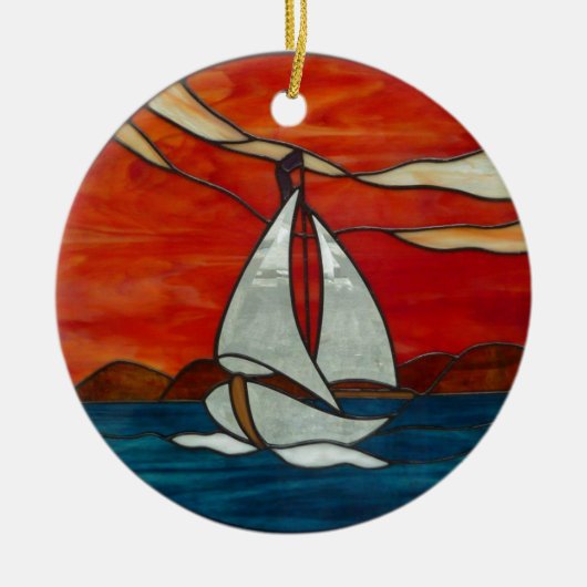 Zeilboot bij Sunset Glas in lood Art Design Keramisch Ornament (Voorkant)