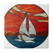 Zeilboot bij Sunset Glas in lood Art Design Tegeltje (Voorkant)