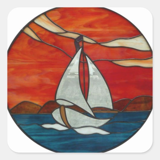 Zeilboot bij Sunset Glas in lood Art Design Vierkante Sticker (Voorkant)