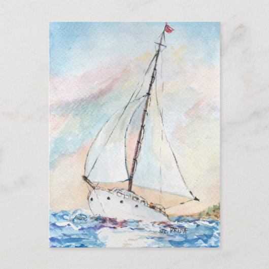 Zeilboot bij Zee Fine Art Waterverf Painting Briefkaart (Voorkant)