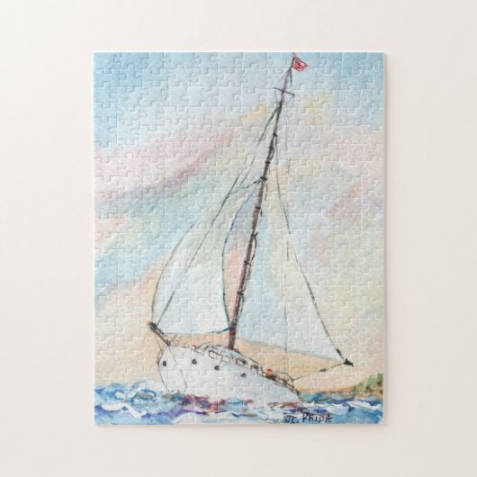 Zeilboot bij Zee Fine Art Waterverf Painting Legpuzzel (Verticaal)