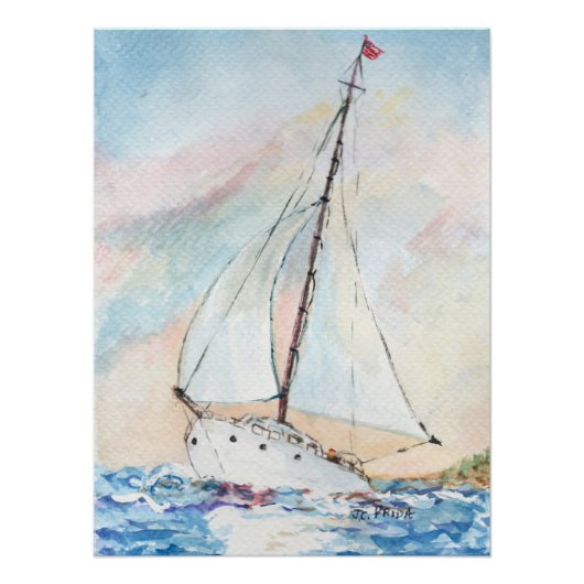 Zeilboot bij Zee Fine Art Waterverf Painting Poster (Voorkant)