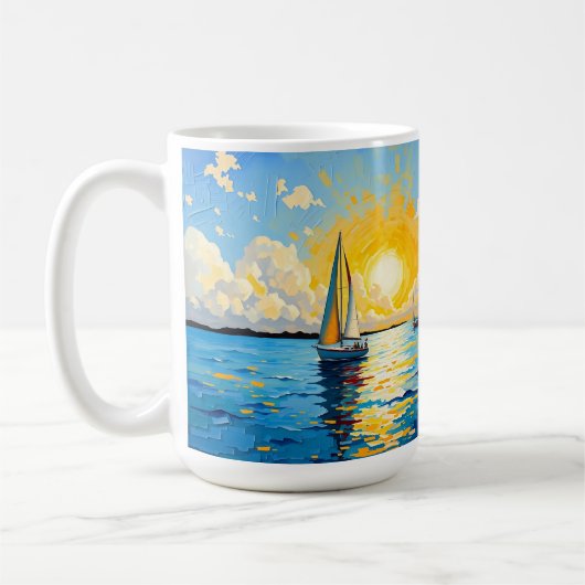 Zeilboot bij zonsondergang koffiemok (Links)