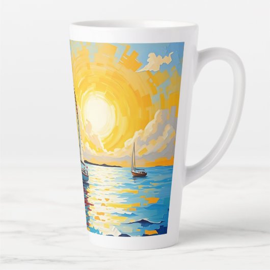 Zeilboot bij zonsondergang latte mok (Rechts)