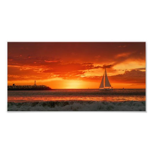 Zeilboot bij zonsondergang - Marina Del Rey, CA Foto Afdruk (Voorkant)