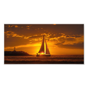 Zeilboot bij zonsondergang - Marina Del Rey, CA Foto Afdruk