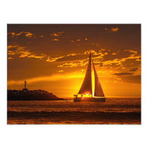 Zeilboot bij zonsondergang - Marina Del Rey, CA Foto Afdruk
