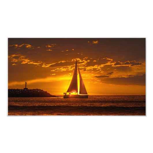 Zeilboot bij zonsondergang - Marina Del Rey, CA Foto Afdruk (Voorkant)
