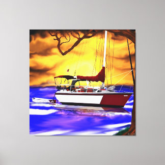 Zeilboot bij zonsondergang met levendige lucht canvas afdruk