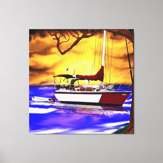 Zeilboot bij zonsondergang met levendige lucht canvas afdruk (Voorkant)
