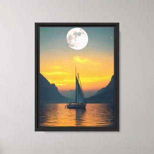 Zeilboot bij zonsondergang met volle maan - Vreedz Canvas Afdruk