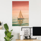 Zeilboot bij zonsondergang op rustig water poster (Thuiskantoor)