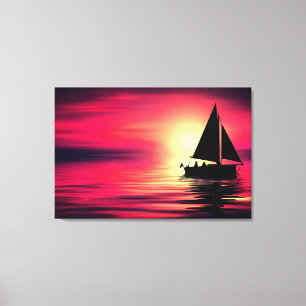 Zeilboot bij zonsondergang op zee Kunst ontwerp Canvas Afdruk