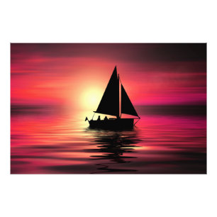 Zeilboot bij zonsondergang op zee Kunst ontwerp Foto Afdruk