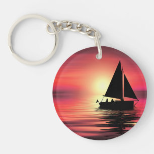 Zeilboot bij zonsondergang op zee Kunst ontwerp Sleutelhanger