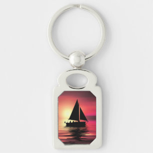 Zeilboot bij zonsondergang op zee Kunst ontwerp Sleutelhanger