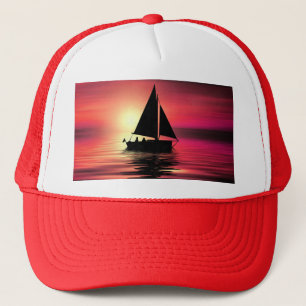 Zeilboot bij zonsondergang op zee Kunst ontwerp Trucker Pet
