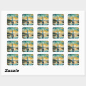 zeilboot bij zonsondergang schilderij vierkante sticker (Vel)