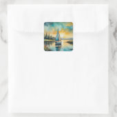 zeilboot bij zonsondergang schilderij vierkante sticker (Tas)