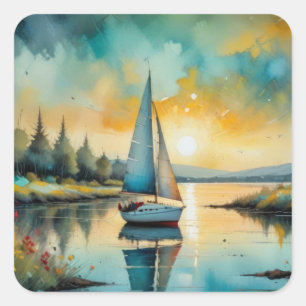 zeilboot bij zonsondergang schilderij vierkante sticker