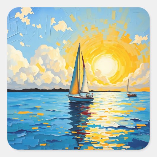 Zeilboot bij zonsondergang vierkante sticker (Voorkant)