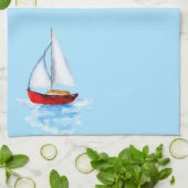 Zeilboot blauw kustwater theedoek (Gevouwen)