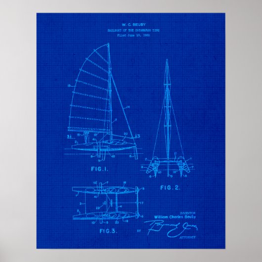 Zeilboot Blauwdruk nr. 6 Kustthema Kunst Poster (Voorkant)