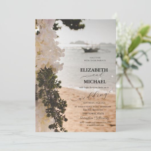 Zeilboot Bloemen Script Beach Bruiloft Kaart (Staand voorkant)
