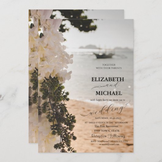 Zeilboot Bloemen Script Beach Bruiloft Kaart (Voorkant / Achterkant)
