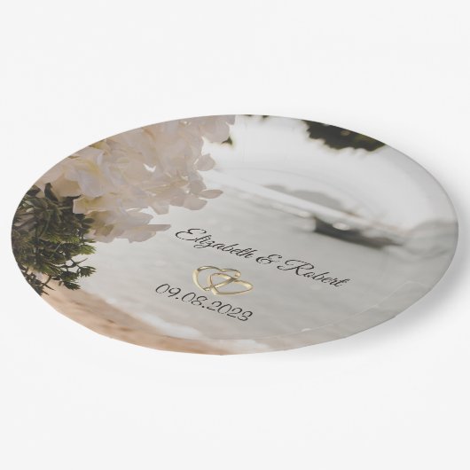 Zeilboot Bloemen Strand Bruiloft Papieren Bordje (Gekanteld)