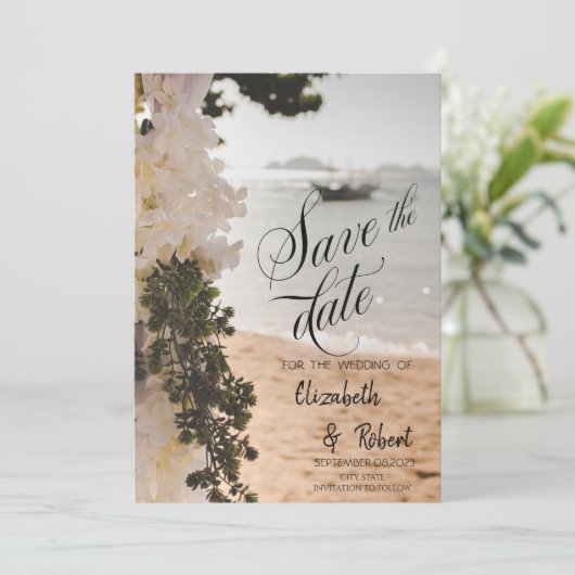 Zeilboot Bloemen Strand Save the Date (Staand voorkant)