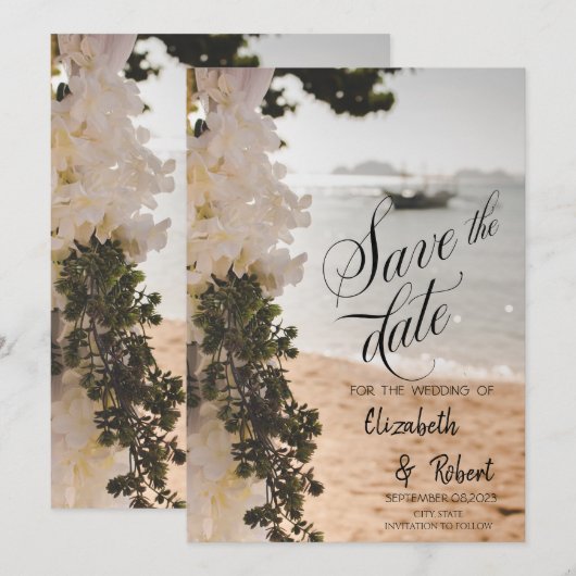 Zeilboot Bloemen Strand Save the Date (Voorkant / Achterkant)