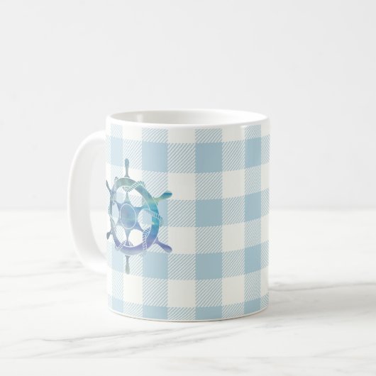 Zeilboot Blue Tiller Gingham Check Pattern Koffiemok (Voorkant links)