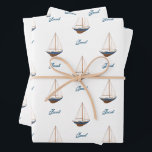 Zeilboot Bruiloft Nautische Verjaardag Baby shower Inpakpapier Vel<br><div class="desc">Deze lieve cadeauverpakking op maat maakt zo'n klassieke presentatie voor je speciale kleintje. Perfect voor een eerste verjaardagsfeestje, baby shower of verjaardagsfeestje voor je kleine zeeman. Pas aan met hun naam, of wis de naam voor een strakke, klassieke look die je in je collectie kunt houden voor het perfecte evenement....</div>