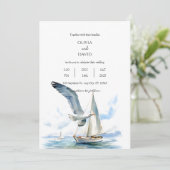 Zeilboot cruise met zeemeeuw oceaan bruiloft kaart (Staand voorkant)