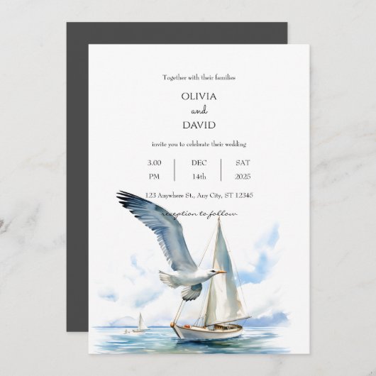Zeilboot cruise met zeemeeuw oceaan bruiloft kaart (Voorkant / Achterkant)