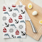 Zeilboot Dolphin Anchor Pattern marine en Red Theedoek (Quarter Fold)