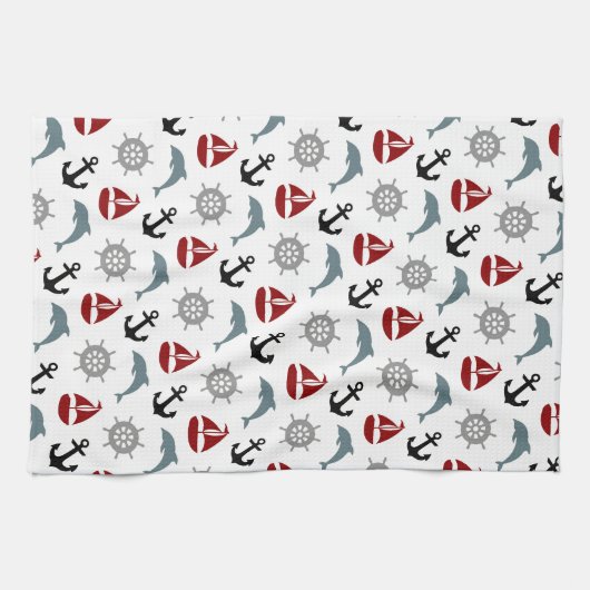 Zeilboot Dolphin Anchor Pattern marine en Red Theedoek (Horizontaal)