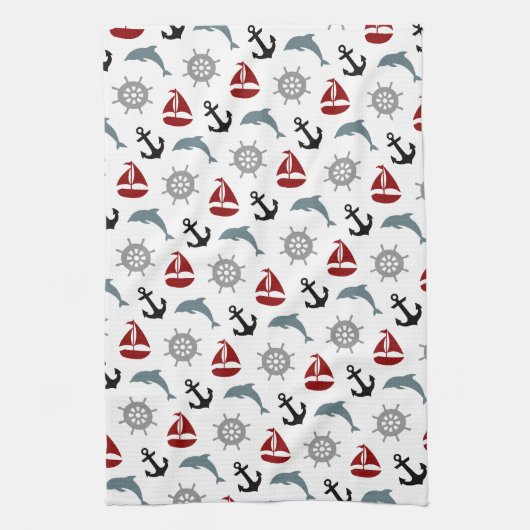 Zeilboot Dolphin Anchor Pattern marine en Red Theedoek (Verticaal)
