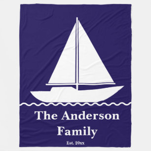 Zeilboot donkerblauw en wit familienaam gesticht j fleece deken