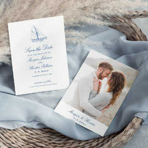 Zeilboot Elegante Marine Blauwe Trouwfoto Save The Date