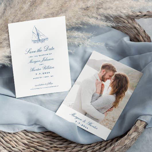 Zeilboot Elegante Marine Blauwe Trouwfoto Save The Date