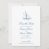 Zeilboot Elegante Marine Blauwe Trouwfoto Save The Date (Voorkant)